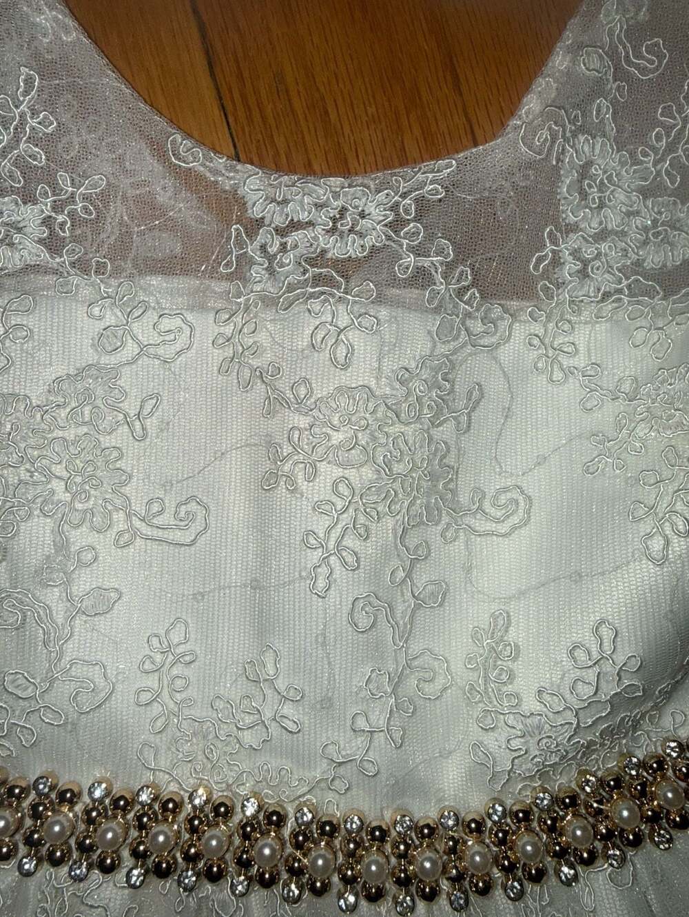 American Princess White Lace Formal Girl Dress with Pearl Belt - Picture 4 of 7